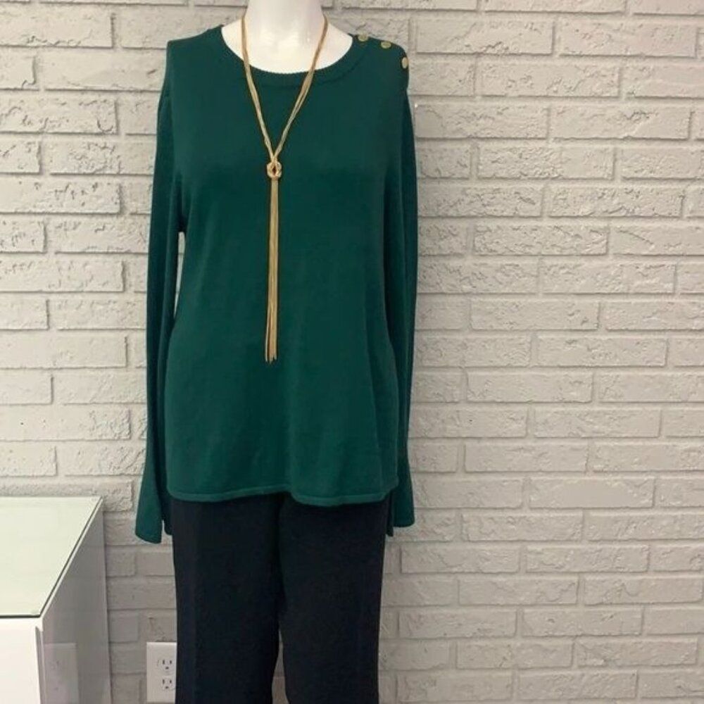 Iman Green Long Sleeve Gold Button Shoulder Women Sweater Size M